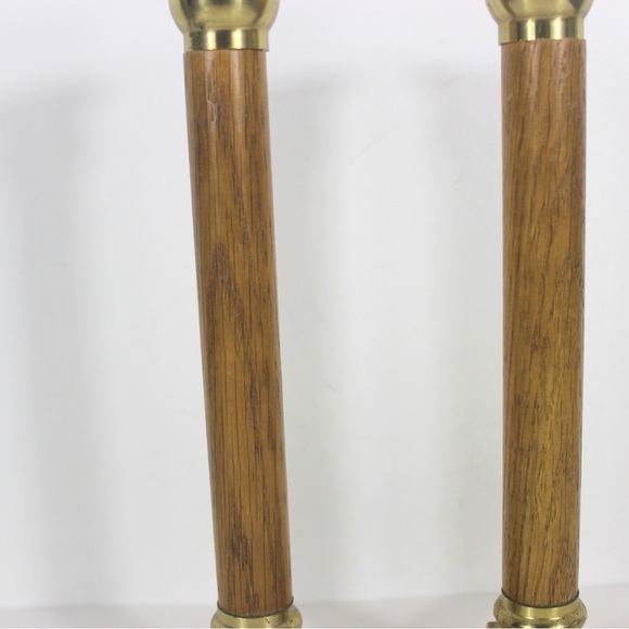 Mid Century Set of Two Vintage Brass and Oak Wood Candle Holders, Candle Sticks - Picture 8 of 9